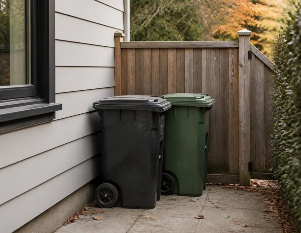 How to Secure Outdoor Trash Cans in Windy Conditions: My Practical Guide 4 Outdoor trash cans tucked into a sheltered corner between a house and a fence