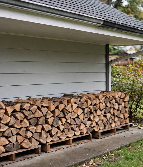 Under-eave covered firewood stack