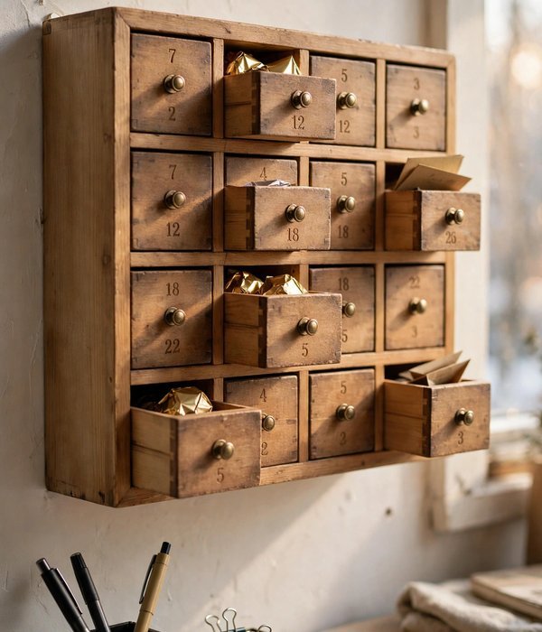 10 Advent Calendar Ideas That Double as Storage 3 Wooden 24-drawer chest advent calendar on a wall shelf, tiny numbered drawers partly open showing wrapped treats – advent calendar ideas