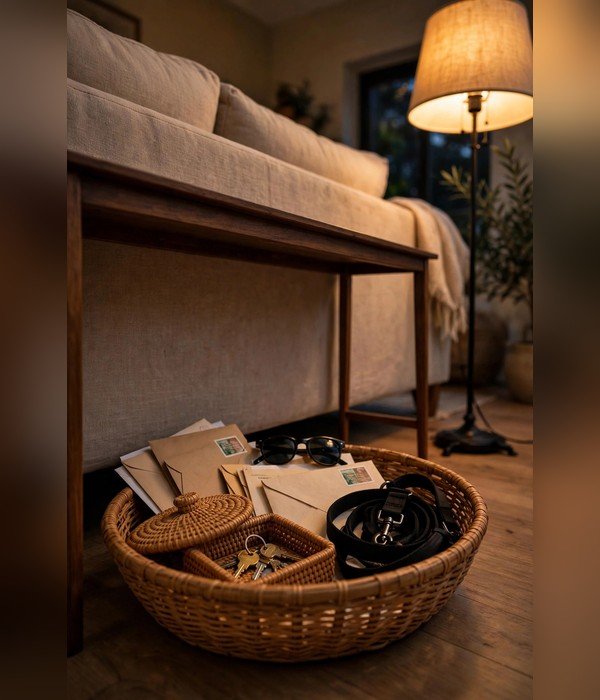 Woven Basket Under the Console – living room storage ideas